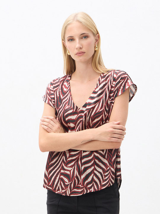 Women's Short-Sleeve Satin Blouse with V-Neck Animal Print Burgundy