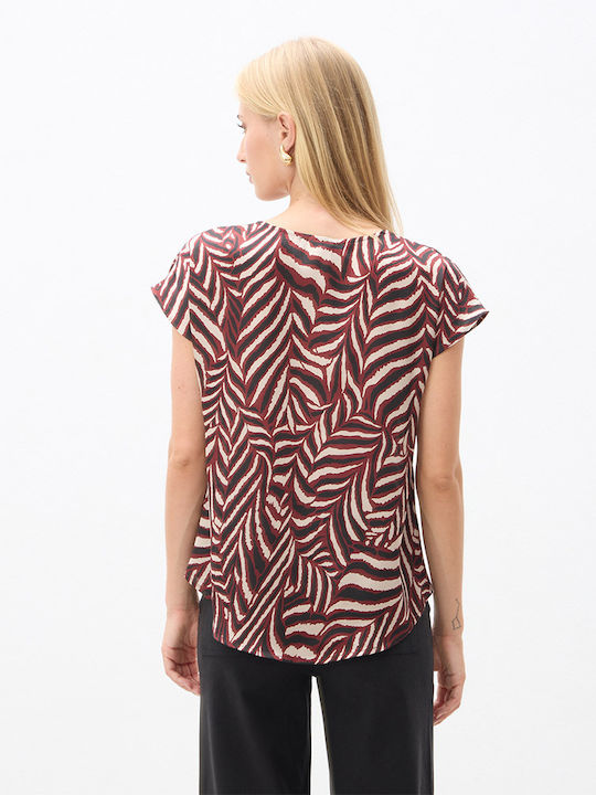 Women's Short-Sleeve Satin Blouse with V-Neck Animal Print Burgundy