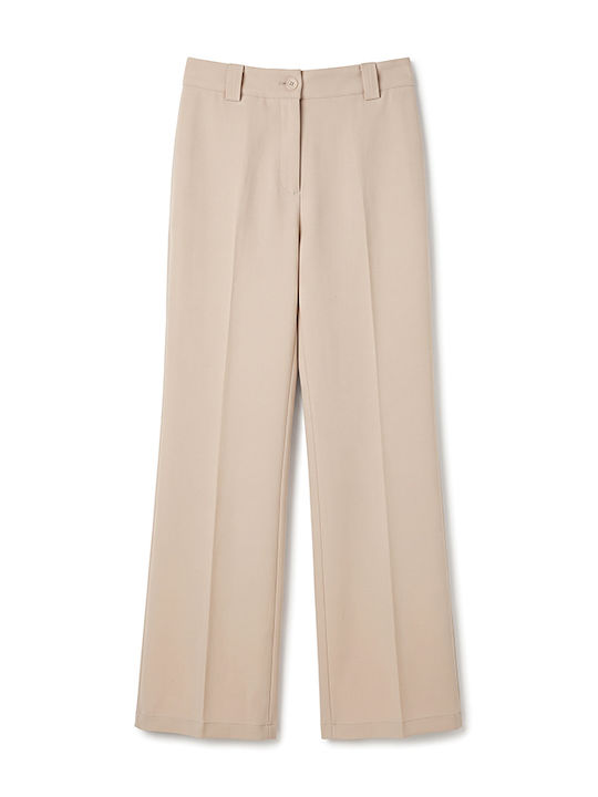 Women's Beige Fabric Trousers in a Straight Fit