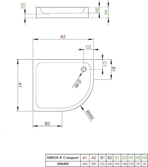 Semicircular Acrylic Shower Tray 90x80cm White