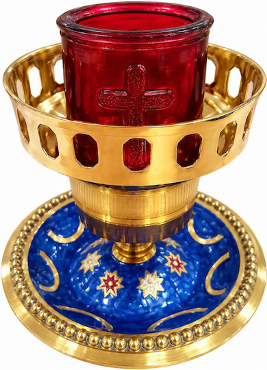 Messing-Tischöllampe mit Blauem und Rotem Glas 16,5 cm