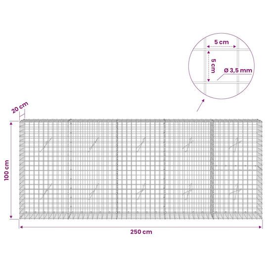 vidaXL Steel Gabion Box for Garden Fencing 5x5x100 cm Silver