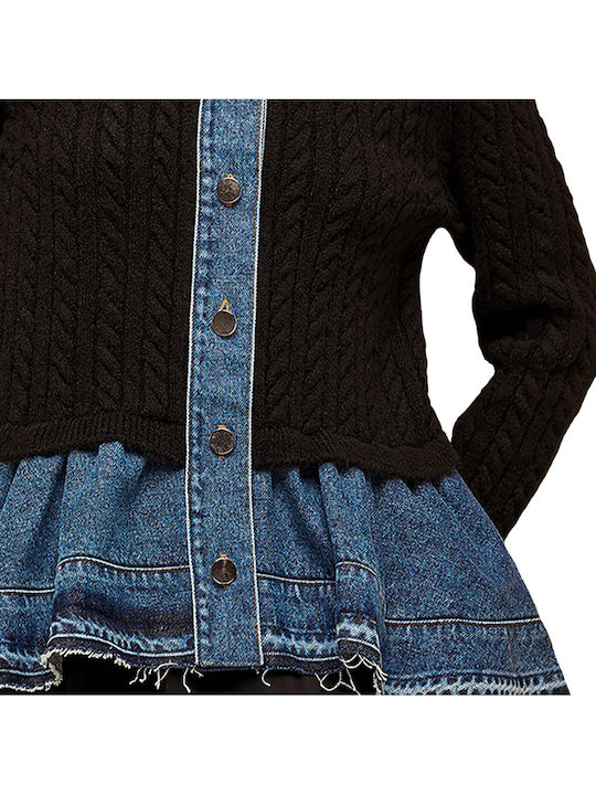Women's Knitted Cardigan with Buttons Black-Blue