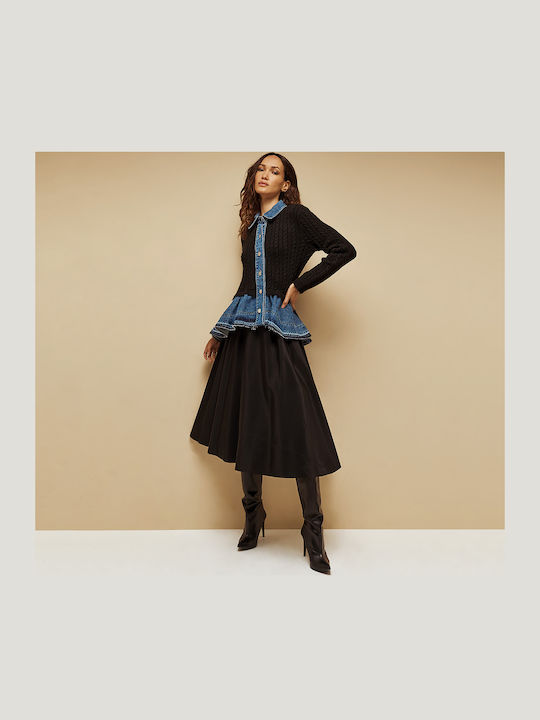 Women's Knitted Cardigan with Buttons Black-Blue