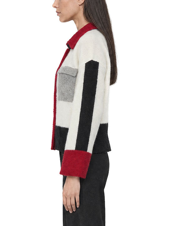 Women's Knitted Cardigan with Buttons Ecru- Red- Black
