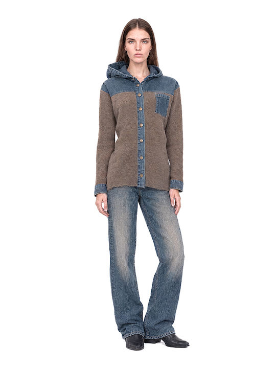 Long Women's Knitted Cardigan with Buttons Beige-Blue