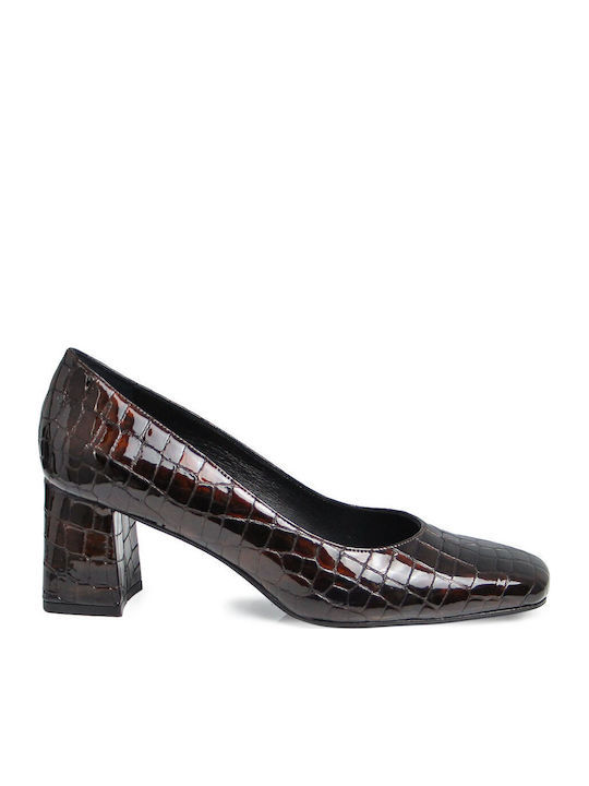 Leather Heels with Medium Heel Brown Crocodile