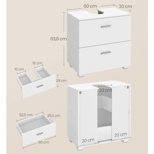 Vasagle Waschtischunterschrank Ohne Waschbecken, Melamin, L60 x T30 x H63,8 cm, Weiß
