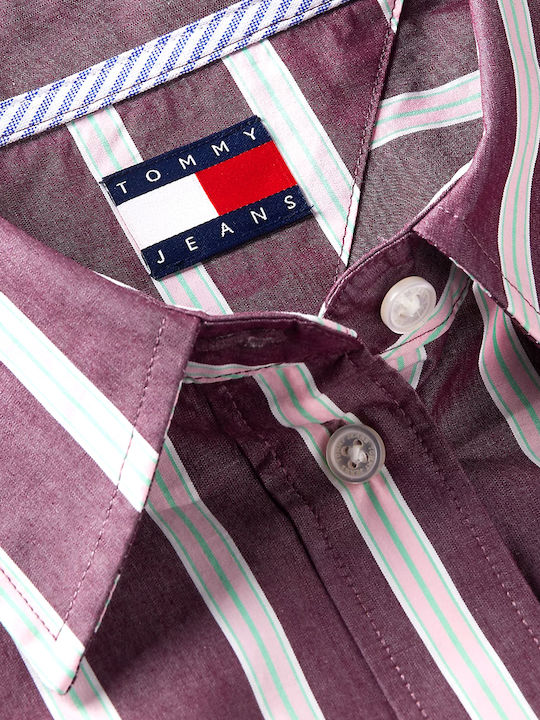 Long Sleeve Women's Cotton Shirt Burgundy Green Pink Striped