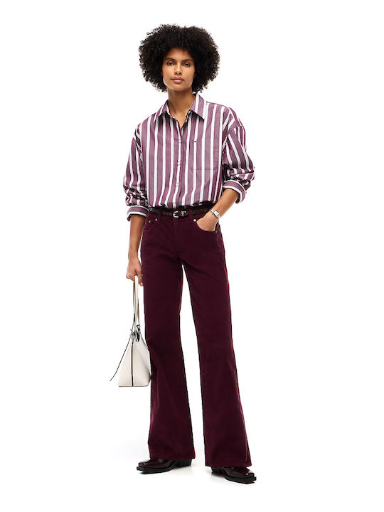 Long Sleeve Women's Cotton Shirt Burgundy Green Pink Striped