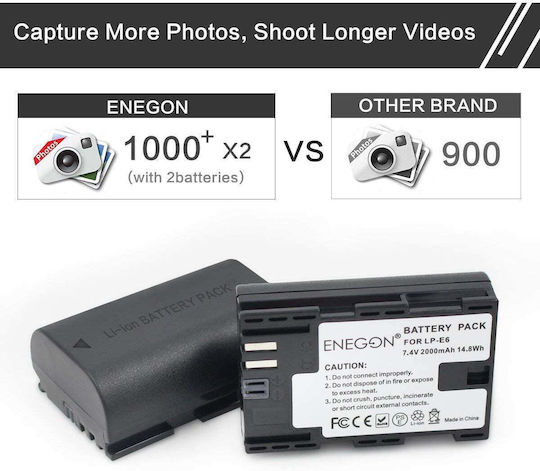 Set 2 Batteries 2000 Mah Lp-e6 Lp-e6n Dual Charger Enegon Canon