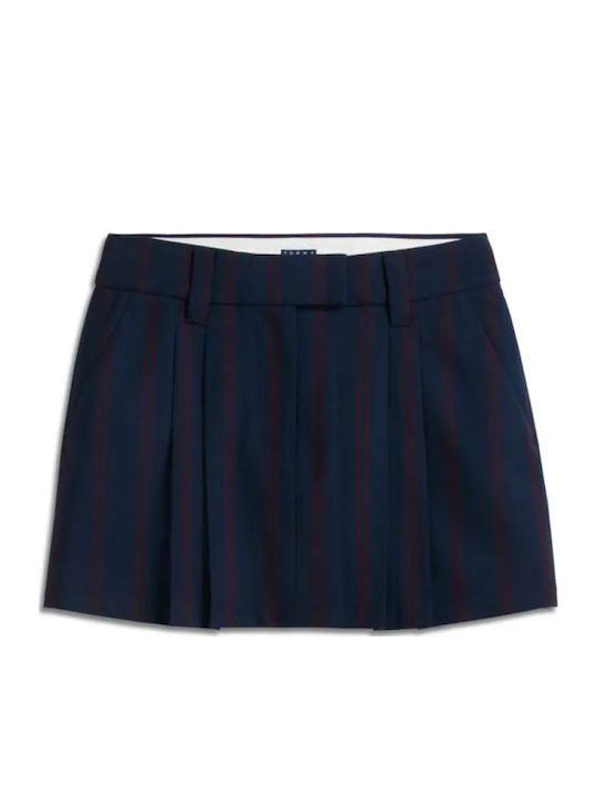 Denim Pleated Mini Skirt Blue-Burgundy