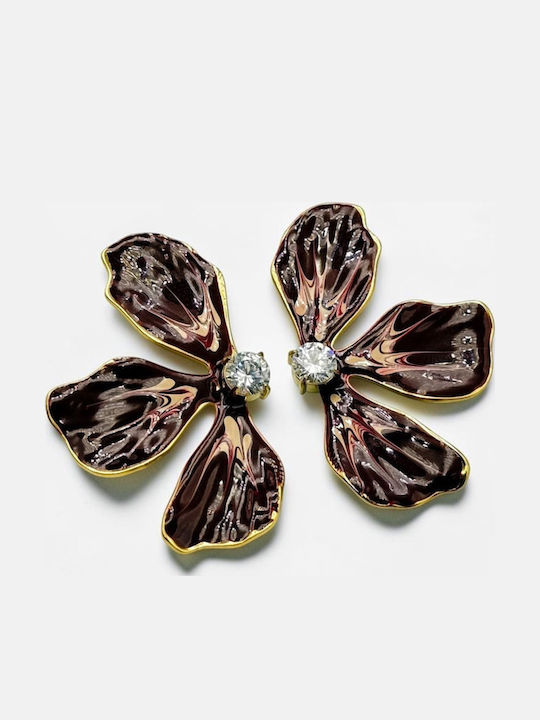 Women's Steel Burgundy-Gold Flower Earrings