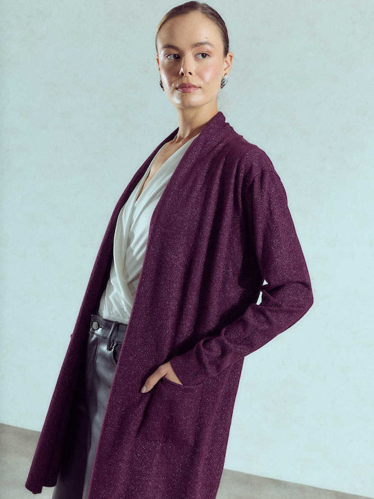 Lange Damenstrickjacke in Dunkelviolett mit Metallic-Effekt