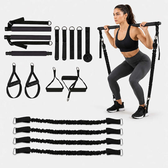Set de Bară Pilates cu Benzi de Rezistență Relaxdays 10054325_46 4 Benzi 30–160 Lbs 2 × 30 Lbs 2 × 50 Lbs Bară de Asamblare de 110 Cm Curele Reglabile Mânere Ancoră pentru Ușă Geantă Neagră