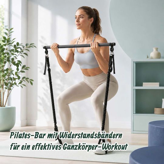 Set de Bară Pilates cu Benzi de Rezistență Relaxdays 10054325_46 4 Benzi 30–160 Lbs 2 × 30 Lbs 2 × 50 Lbs Bară de Asamblare de 110 Cm Curele Reglabile Mânere Ancoră pentru Ușă Geantă Neagră