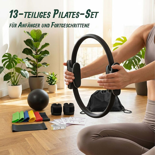 Set Pilates Relaxdays 10054389_46, 13 Piese, Cerc de 38 cm, Minge de 23 cm, 5 Benzi Scurte + 1 Bandă de 150 x 15 cm, Greutăți pentru Glezne de 1 kg, Pompă, Geantă, Manual, Multicolor