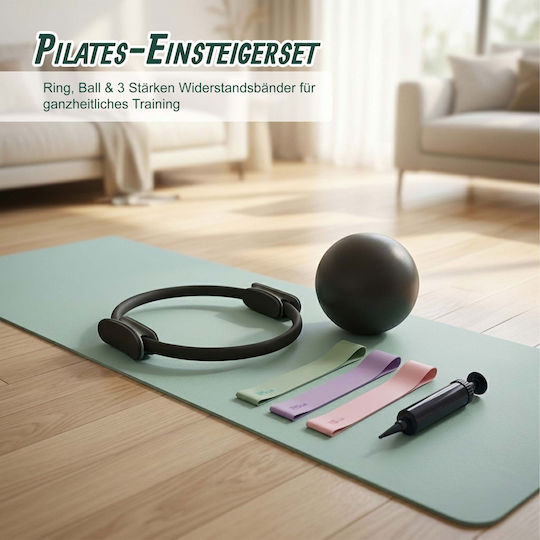 Set Pilates Relaxdays 10054388_46, 6 Piese: Inel de 38 Cm, Minge de 23 Cm, 3 Benzi de Rezistență de 15, 25 și 35 Lb (6,8, 11,3 și 15,8 Kg), Pompă și Ghid Ilustrat, Multicolor