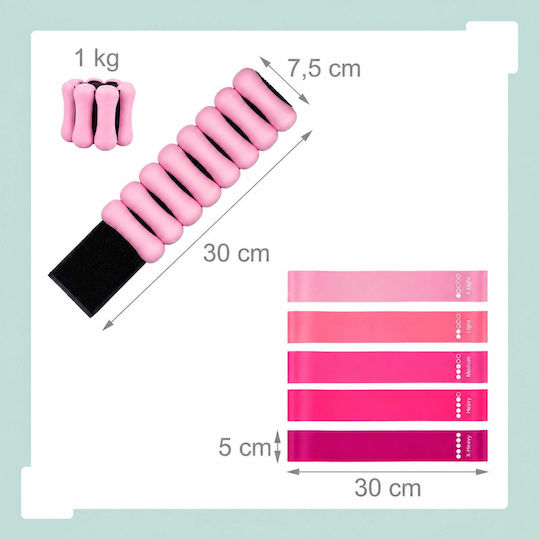 Set Pilates Relaxdays 10054389_52, 13 Piese: Inel Pilates Ø38 Cm, Minge Ø23 Cm, 5 Benzi de Rezistență Scurte + Bandă de Rezistență Lungă, Curele pentru Glezne, Pompă, Geantă, Ruletă, Roz și Negru