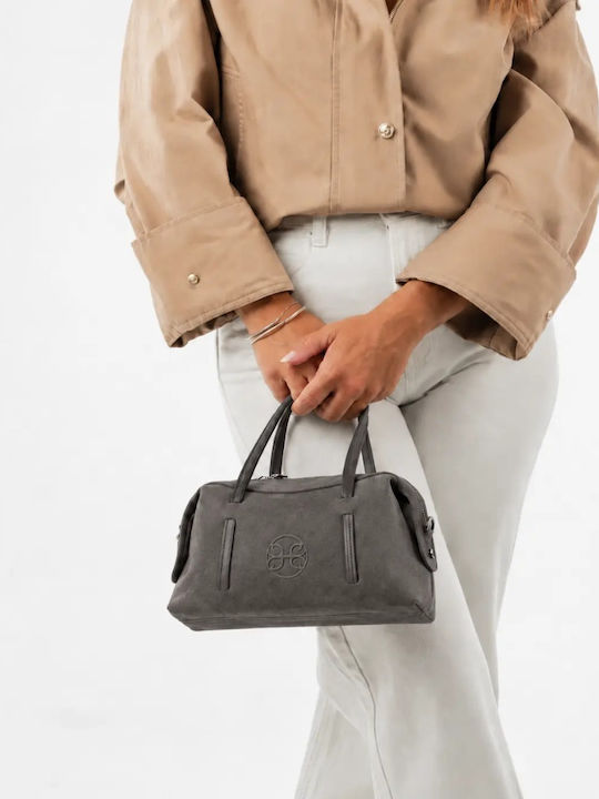 Bowling Mini Damen-Schultertasche aus Leder und Wildleder in Grau