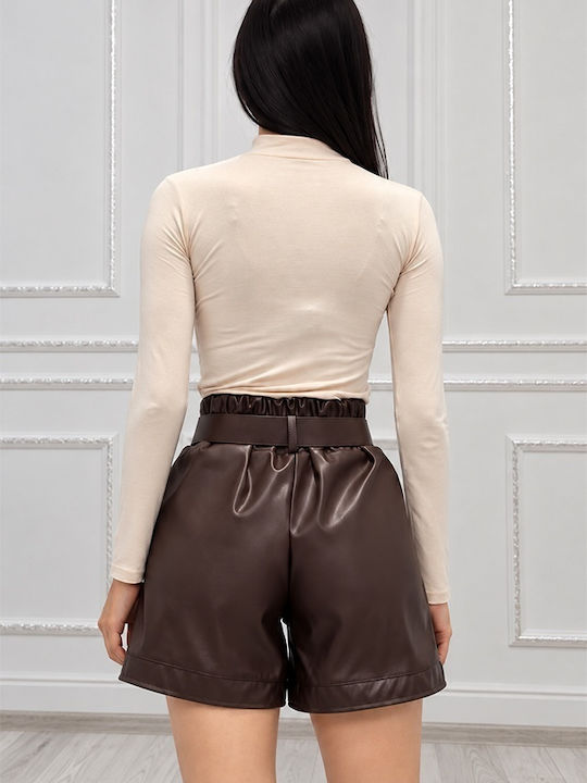 Damen-Leder-Shorts mit Hoher Taille Braun