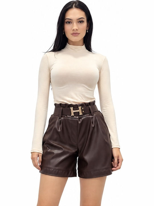 Damen-Leder-Shorts mit Hoher Taille Braun