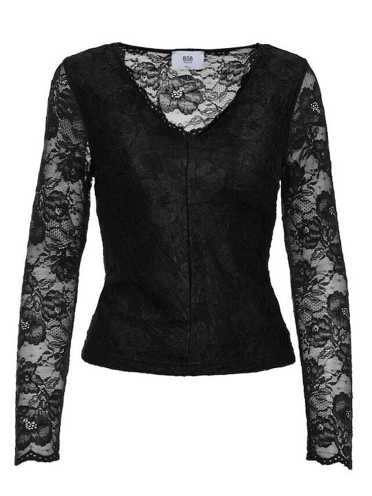 Women's Long Sleeve Blouse with V-Neck Black
