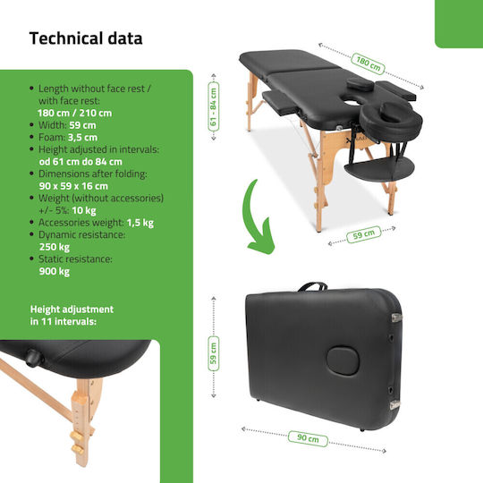 Habys Lira Comfy Base K515 Κρεβάτι Φυσιοθεραπείας Πτυσσόμενο Μαύρο από Ξύλο 180x59εκ.