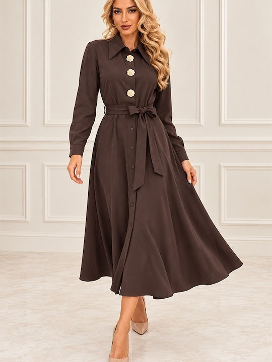 Midi-Hemdkleid Langärmelig Braun