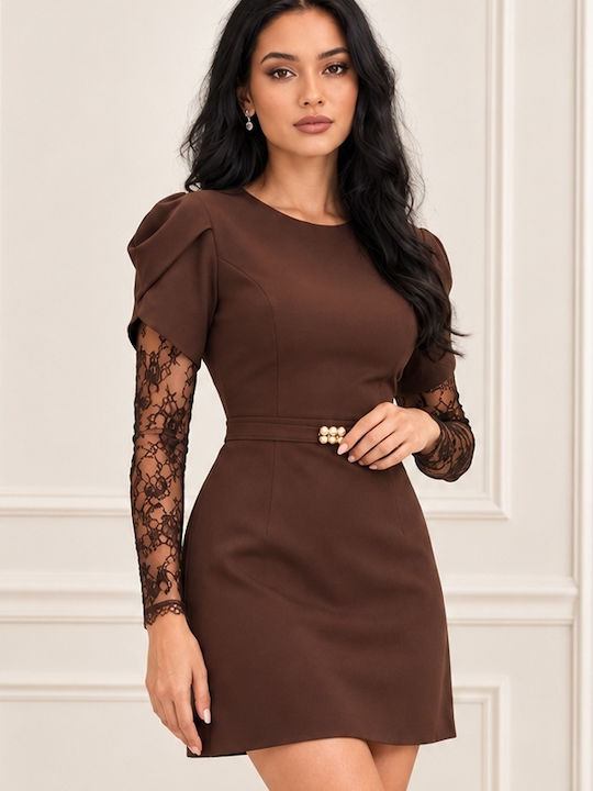 Mini Βραδινό Φόρεμα Σατέν με Δαντέλα Brown