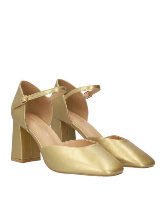 Pointed-Toe Pumps with Strap & High Heel in Gold