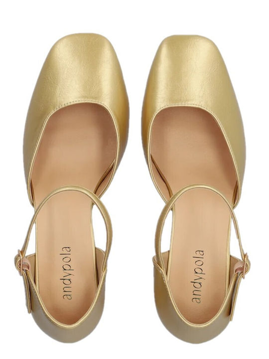Pointed-Toe Pumps with Strap & High Heel in Gold