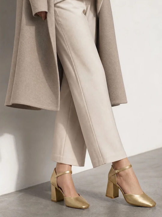 Pointed-Toe Pumps with Strap & High Heel in Gold
