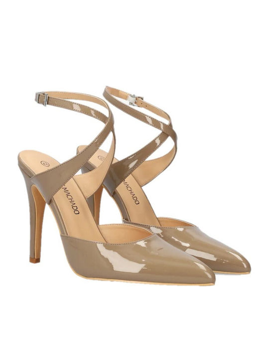 Spitze Lacklederpumps mit Stilettoabsatz und Riemchen Grau