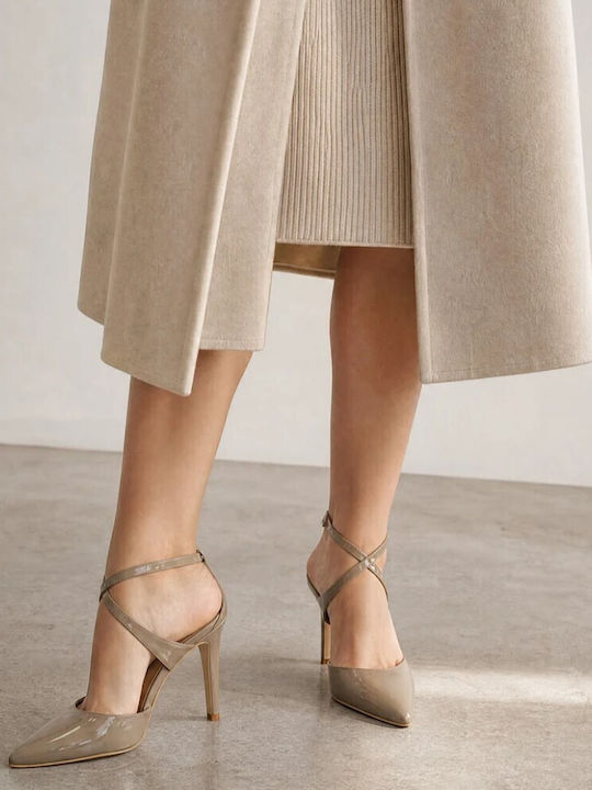 Spitze Lacklederpumps mit Stilettoabsatz und Riemchen Grau