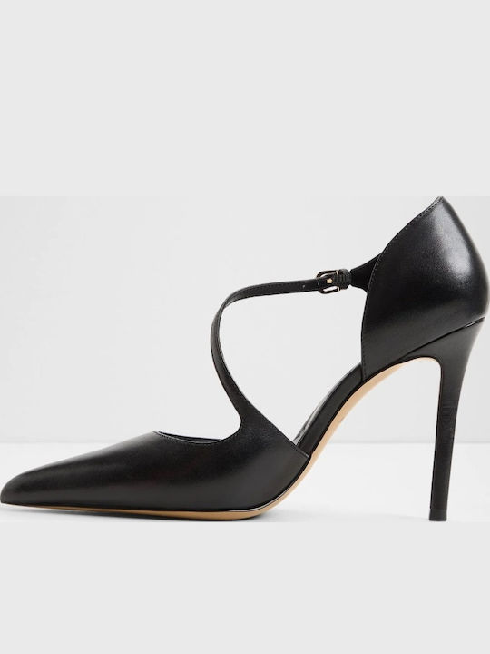 Janinne Black Leather Pointed-Toe Stiletto Heels