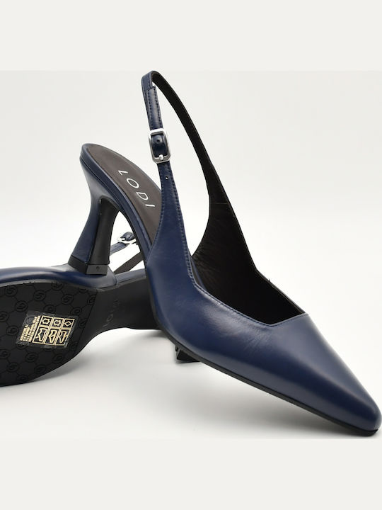 Leather Pointed Toe Heels with Strap & Medium Heel Navy Blue