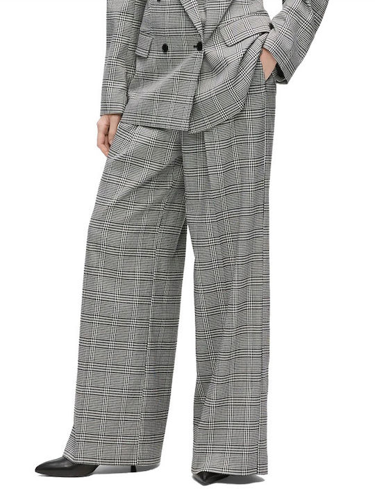Pantaloni Dama Din Material Cu Talie Înaltă, Croială Dreaptă, În Carouri Alb-Negru
