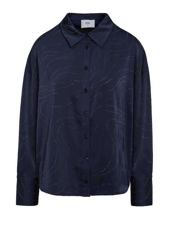 Long Sleeve Women's Satin Shirt Dark Blue