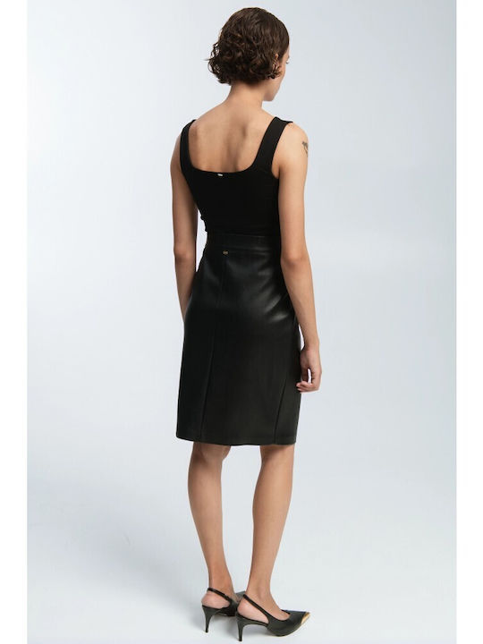 Leather High-Waisted Midi Wrap Skirt Black