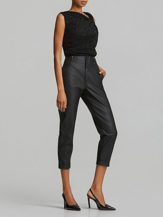 Women's High-Rise Leather Trousers in Baggy Fit Black
