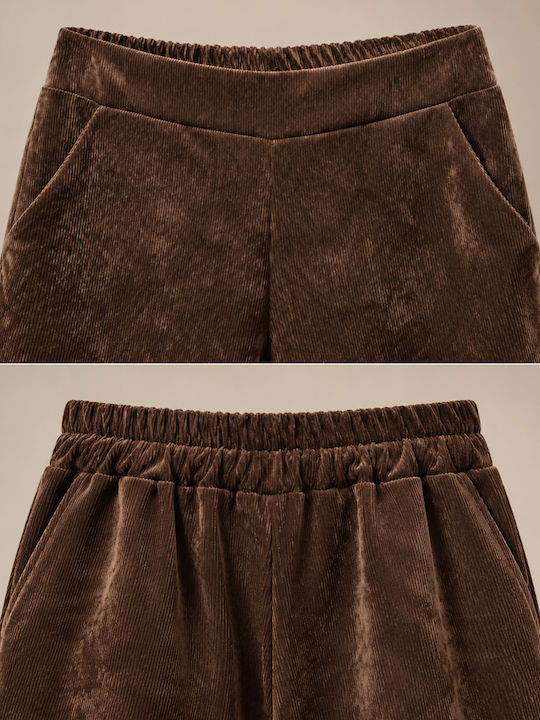 Women's Corduroy Trousers with Elastic Waist in Loose Fit Brown