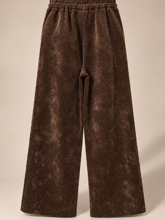 Women's Corduroy Trousers with Elastic Waist in Loose Fit Brown