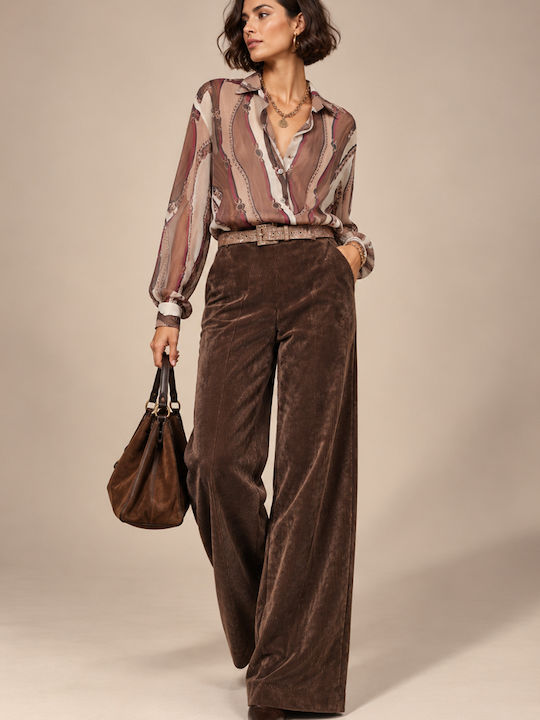 Women's Corduroy Trousers with Elastic Waist in Loose Fit Brown