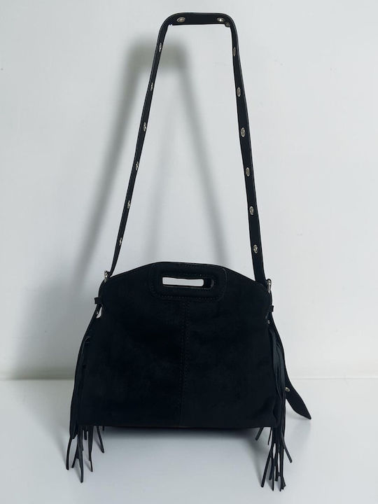 Damenhandtasche / Schultertasche aus Wildleder mit Fransen Schwarz