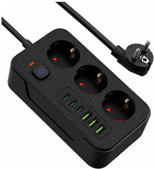 Разклонител с 3 гнезда, 3 USB-A, USB-C, превключвател и кабел 3 м