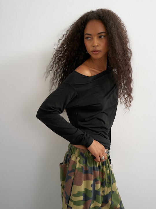 Γυναικεία Μπλούζα Βαμβακερή Off-Shoulder Μακρυμάνικη Ντραπέ Μαύρο