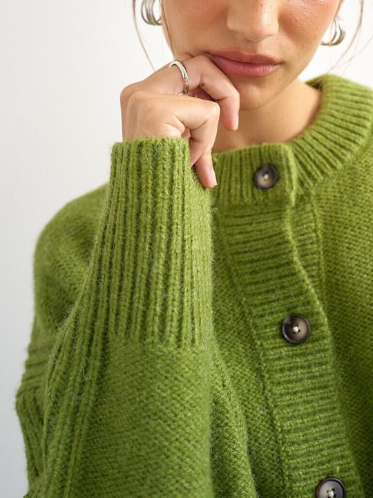 Cardigan Lung Tricotat pentru Femei cu Nasturi Verde