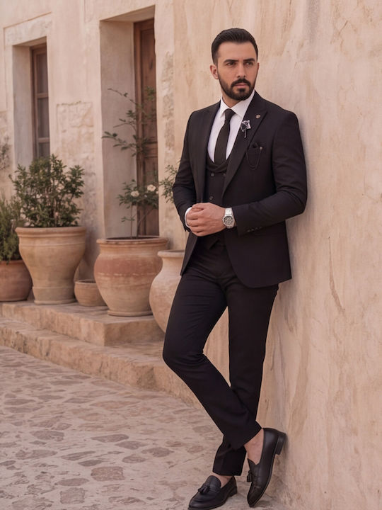 Winter Men's Groom's Suit with Vest in Slim Fit Black