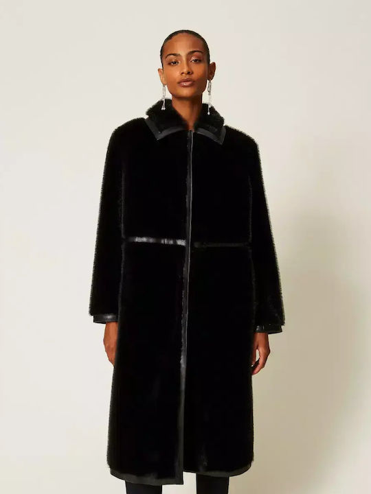 Women's Coat Black with Fur Details